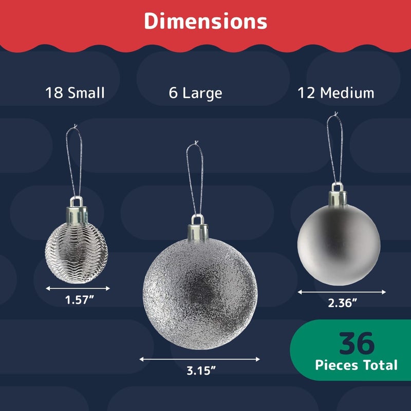 Prextex 36pc Silver Christmas Ornaments Set - Shatterproof Christmas Tree Ornaments in 3 Sizes and 6 Styles - Hanging Balls with Loops in Matte, Shiny, and Glitter Finishes for Indoor-Outdoor Display - Image 3